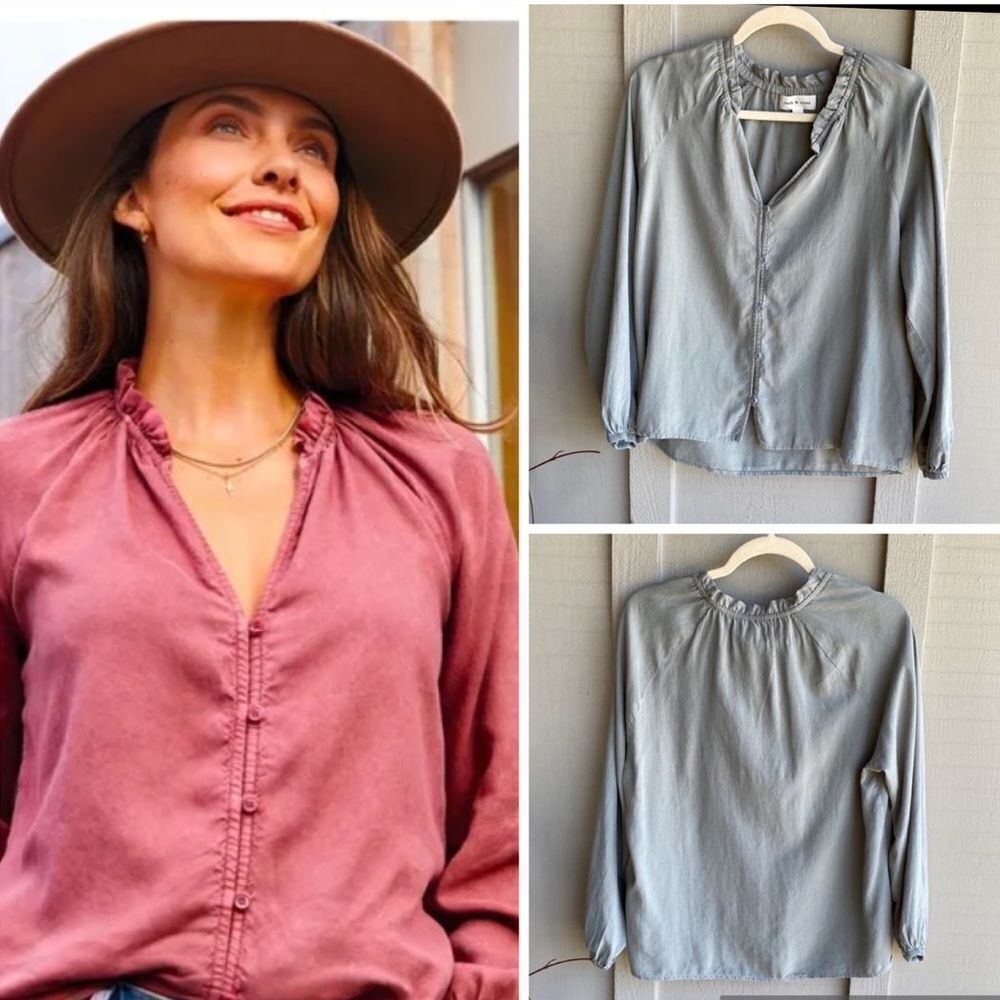 NWT Anthro Cloth & Stone Raglan Ruffle Neck Blouse in Blue/Green Size: M